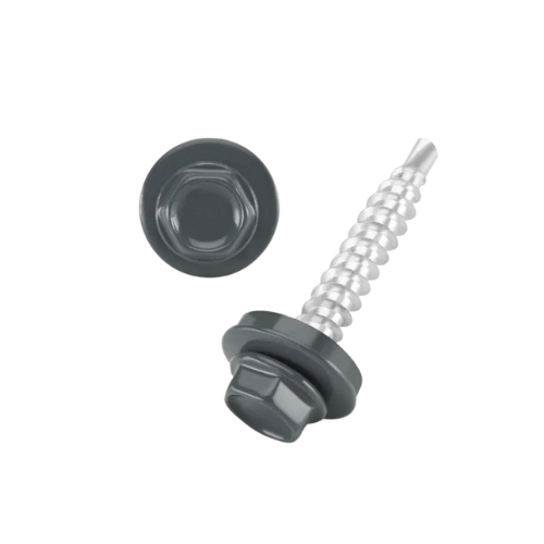 DIN 7504 Fűzőcsavar+gumis alátét, Acél, RAL7011, 4,8x19/14 Vasszürke